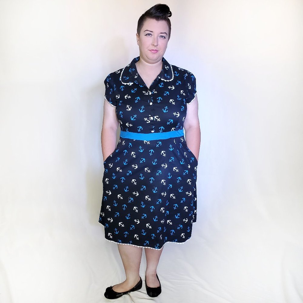 Sourpuss Nautical Anchor Retro Black & Blue Dress